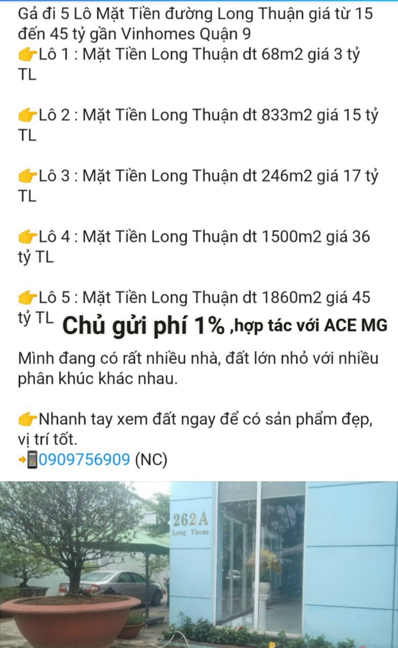 Mặt Tiền đường Long Thuận 1800m2, chỉ 45 tỷ TL, gần Vinhomes Quận 9